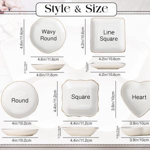 May include: A variety of white ceramic plates in different shapes, including round, square, and heart, with gold trim. The image shows measurements in inches and centimeters, with the largest plate measuring 4.6 inches (11.6 cm). The text "Style & Size" is at the top.