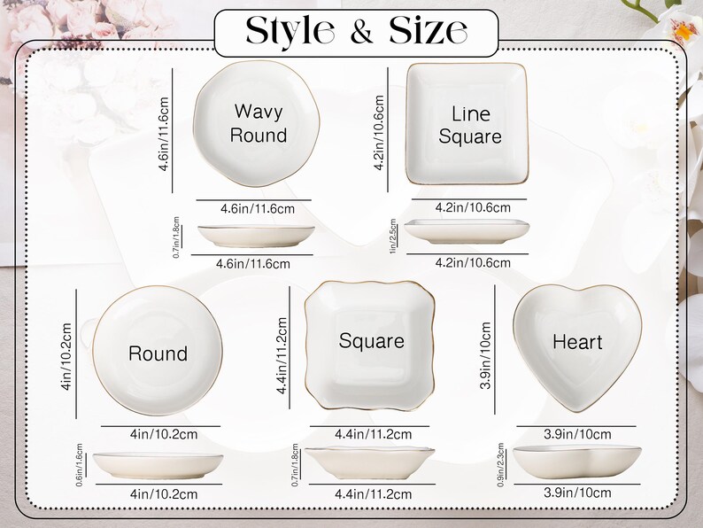 May include: A variety of white ceramic plates in different shapes, including round, square, and heart, with gold trim. The image shows measurements in inches and centimeters, with the largest plate measuring 4.6 inches (11.6 cm). The text "Style & Size" is at the top.