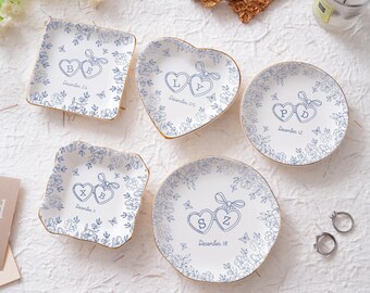 Custom Engagement Ring Dish, Personalized Ceramic Locked Ring Dish,Wedding Ring Dish, Engagement Gifts, Toile De Jouy, Gift For Bride
