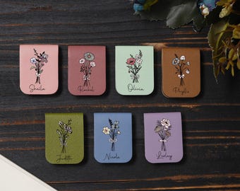 Marcapáginas magnético personalizado con flor de nacimiento, marcapáginas magnético de cuero, marcapáginas personalizado con nombre, regalo para amantes de los libros, regalo de Navidad