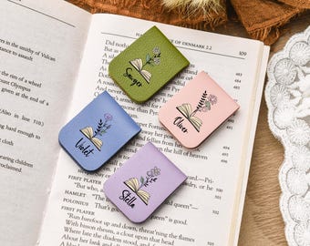 Marcapáginas de piel con flor de nacimiento y nombre, marcapáginas magnético personalizado con flor de nacimiento, marcapáginas con nombre personalizado, regalo de cumpleaños para amantes de los libros