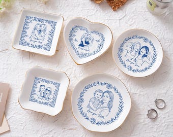 Personalized Ceramic Locked Ring Dish, Toile De Jouy Jewelry Dish, Wedding Gift for Couple, Sentimental Gift for Bride, Valentines Day Gift