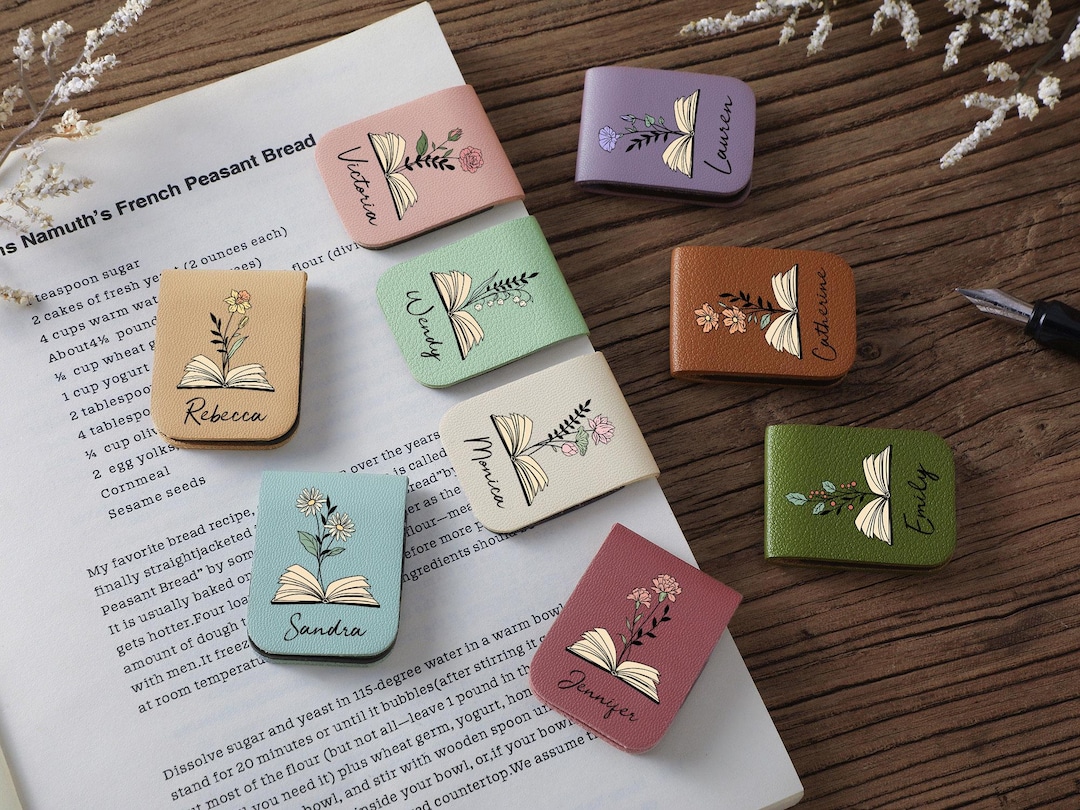 Personalized Birth Flower Magnetic Bookmark, Custom Name Leather Bookmark, Birthday Gift F