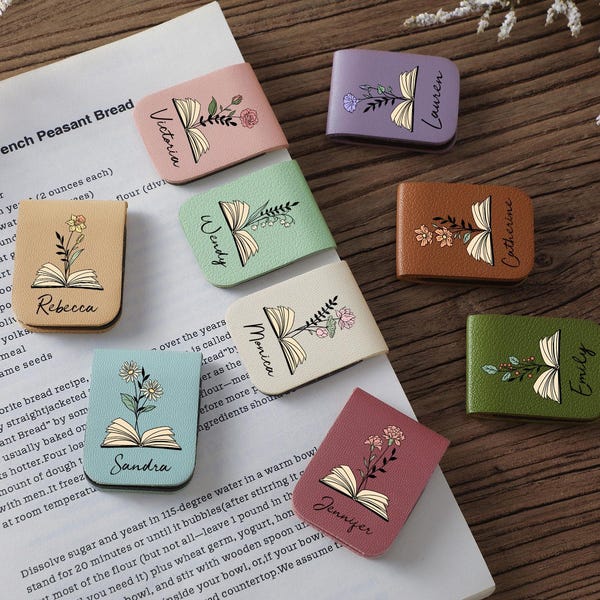 Personalized Birth Flower Magnetic Bookmark, Custom Name Leather Bookmark, Birthday Gift For Book Lover, Christmas Gifts