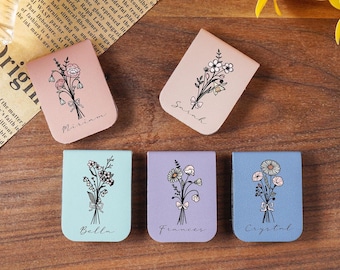 Marcapáginas magnético de piel, Marcapáginas magnético personalizado con flor de nacimiento, Marcapáginas personalizado con nombre, Regalo para amantes de los libros, Regalo de Navidad