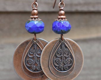 Boho Earrings, Boho Dangle Earrings, Copper Earrings Dangle, Boho Jewelry, Blue Drop Earrings, Blue Jewelry, Gift for Her