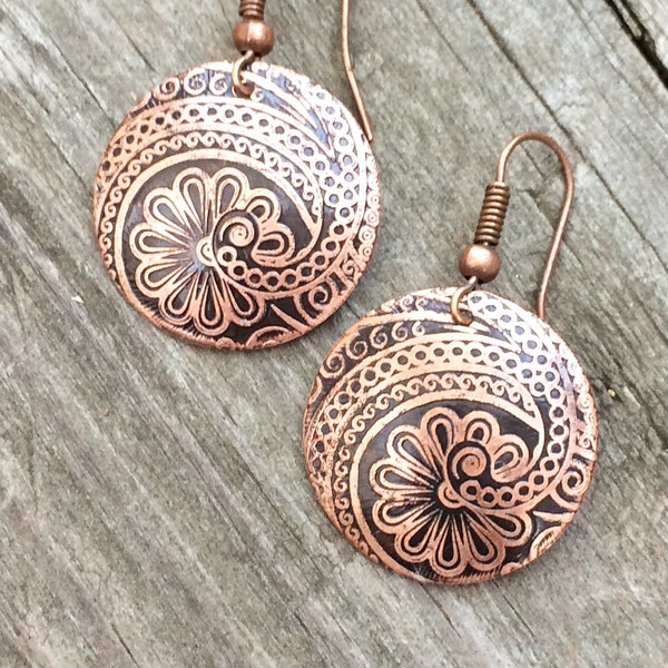 Etched Copper Earrings, Copper Jewelry, 7th Anniversary Gift, Unique Gift Jewelry, Copper Drop Earrings, Etched Copper Jewelry