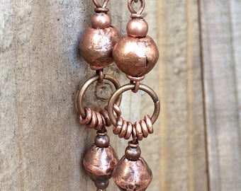 Ethnic Copper Dangle Earrings, Rustic Copper Jewelry, Bohemian Style Earrings, Copper Dangle Drop Earrings