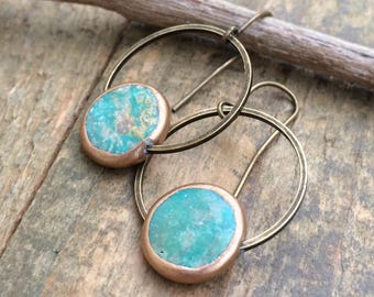 Turquoise Hoop Dangle Earrings with Antiqued Brass, Gold Rimmed Turquoise Stone Jewelry