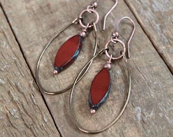 Burnt Orange Earrings, Copper Hoop Earrings, Rust Orange Earrings, Hammered Copper Hoops, Lightweight Hoop Earrings, Czech Glass Jewelry
