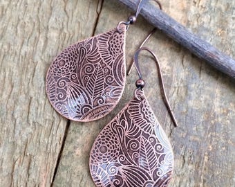 Etched Copper Teardrop Earrings, 7th Anniversary Gift, Unique Gift for Women, Copper Dangle Earrings, Acid Etched Copper Jewelry