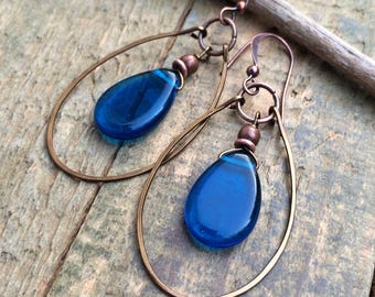 Capri Blue Czech Glass Teardrop Hoop Earrings, Hammered Cobalt Blue Dangle Copper Earrings