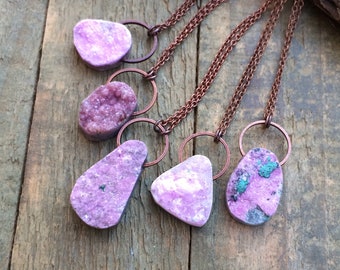 Pink Cobalto Calcite Necklace, Raw Slab Stone Pendant, Natural Pink Stone Pendant, Copper Chain Necklace, Unique Earthy OOAK Pendant