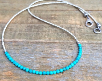 Tiny Turquoise Necklace, Turquoise Silver Layering Necklace, Minimalist Silver Necklace, Tiny Beaded Necklace, Silver Bead Jewelry