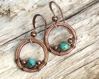 Copper & Turquoise Earrings, Small Turquoise Earrings, Copper Hoop Earrings, Hammered Copper Jewelry