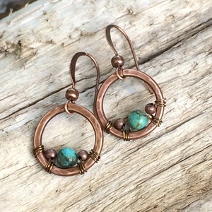 Copper & Turquoise Earrings, Small Turquoise Earrings, Copper Hoop Earrings, Hammered Copper Jewelry