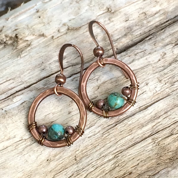 Copper & Turquoise Earrings, Small Turquoise Earrings, Copper Hoop Earrings, Hammered Copper Jewelry