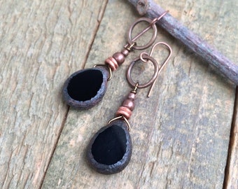 Black Czech Glass Teardrop Earrings, Black Earrings Dangle, Handmade Glass Earrings, Black Glass Jewelry, Czech Glass Copper Jewelry