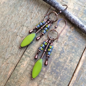Green Czech Glass and Copper Earrings, Green Dangle Earrings, Glass Chandelier Drop Earrings, Holiday Jewelry Earrings, Gift for Women
