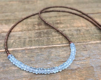 Tiny Aquamarine Necklace, Dainty Aquamarine Jewelry, Birthstone Aquamarine Choker, Beaded Necklace, 19th Anniversary Gift, Beaded Choker