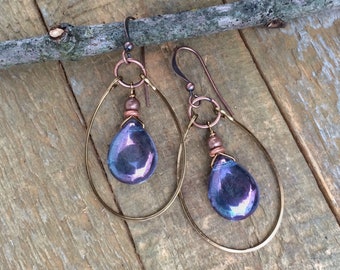 Purple Teardrop Earrings, Copper Teardrop Earrings, Copper Hoop Earrings, Purple Jewelry, Hammered Copper Earrings, Glass Teardrop Earrings