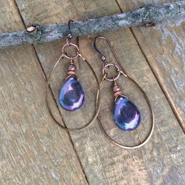 Purple Teardrop Earrings, Copper Teardrop Earrings, Copper Hoop Earrings, Purple Jewelry, Hammered Copper Earrings, Glass Teardrop Earrings