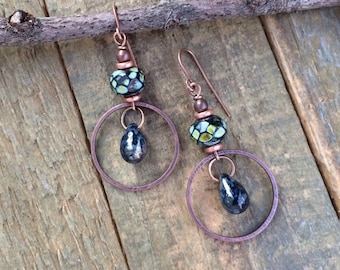 Boho Black Earrings, Black Glass Jewelry, Copper Dangle Earrings, Artsy Earrings, Copper Drop Earrings, Czech Glass Earrings, Artsy Jewelry