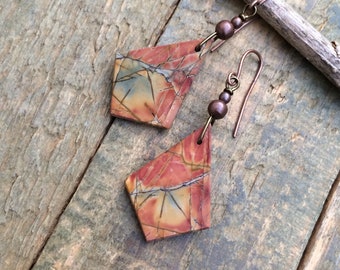 Jasper Dangle Earrings, Earthy Stone Drop Earrings, Copper Dangle Earrings, Jasper Stone Jewelry, Earthy Jewelry, Geometric Earrings