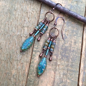 Blue Czech Glass and Copper Earrings, Boho Dangle Earrings, Copper and Glass Chandelier Drop Earrings, Dangle Earrings, Gift for Women