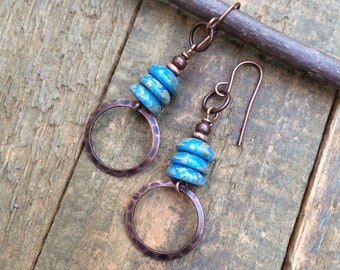 Bohemian Blue Earrings, Earthy Copper Earrings, Artsy Copper Jewelry, Blue Jewelry, Copper Dangle Earrings, Blue Czech Glass Earrings