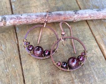 Garnet Earrings, Small Garnet Hoop Earrings, Red Garnet Jewelry, Copper Hoop Earrings, Copper Jewelry, Garnet Jewelry Set