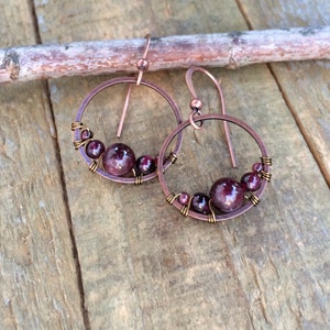 Garnet Earrings, Small Garnet Hoop Earrings, Red Garnet Jewelry, Copper Hoop Earrings, Copper Jewelry, Garnet Jewelry Set image 1