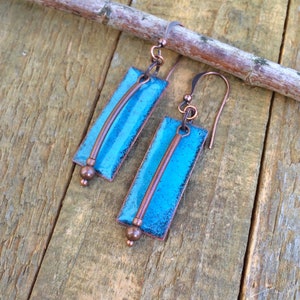 Turquoise Enameled Earrings, Copper Enameled Jewelry, Artsy Earrings, Geometric Earrings, Blue Earrings, Blue Jewelry, OOAK Gift for Women