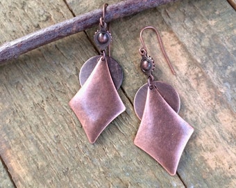 Copper Boho Dangle Earrings, Copper Geometric Jewelry, Antiqued Copper Jewelry, Southwestern Inspired Jewelry, Bohemian Copper Earrings