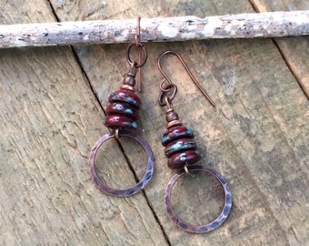 Bohemian Red Earrings, Earthy Copper Earrings, Copper Jewelry, Rustic Red Jewelry, Copper Dangle Earrings, Picasso Red Czech Glass Earrings