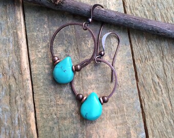 Turquoise Teardrop Earrings, Genuine Turquoise Earrings, Unique Stone Jewelry, Turquoise Dangle Earrings, Small Boho Earrings