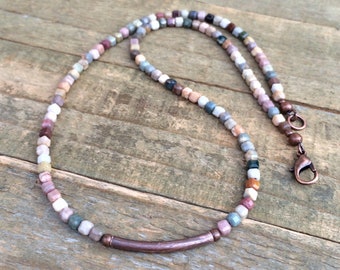 Beaded Necklace with Small Colorful Agate and Copper, Indian Agate Jewelry with Copper Accents, Small Layering and Stacking Necklace