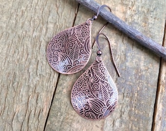 Etched Copper Teardrop Earrings, 7th Anniversary Gift, Unique Gift for Women, Copper Dangle Earrings, Acid Etched Copper Jewelry