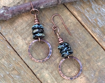 Bohemian Black Earrings, Earthy Copper Earrings, Copper Jewelry, Black Jewelry, Copper Dangle Earrings, Black Czech Glass Earrings