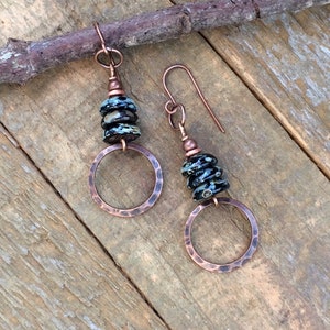 Bohemian Black Earrings, Earthy Copper Earrings, Copper Jewelry, Black Jewelry, Copper Dangle Earrings, Black Czech Glass Earrings