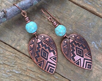 Copper Turquoise Southwestern Earrings, Copper Ethnic Jewelry, Aztec Inspired Jewelry, Tribal Shield Earrings, Western Earrings