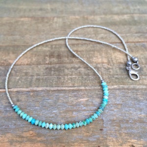 Minimalist Silver Turquoise Necklace, Silver Layering Necklace, Turquoise Choker, Boho Bead Jewelry, Arizona Turquoise Bead Necklace