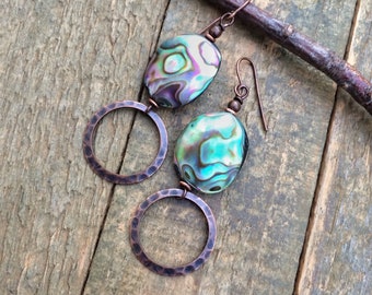 Abalone Dangle Earrings, Colorful Shell Drop Earrings, Ocean Themed Gift, Seashell and Copper Jewelry, Beach Lover Gift, Nature Lover Gift