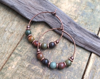 Beaded Red Creek Jasper Earrings, Copper Hoop Earrings, Everyday Boho Earrings, Copper Jewelry, Small Lightweight Earrings, Simple Jewelry