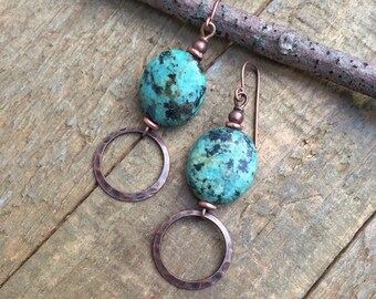 African Turquoise Stone Earrings, Copper Dangle Earrings, Jasper Jewelry, Southwestern Jewelry, Hammered Copper Earrings