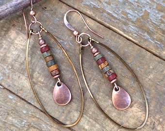 Dangle Boho Earrings, Copper Hoop Earrings, Red Creek Jasper Stone Jewelry, Jasper Earrings, Teardrop Dangle Earrings, Earthy Stone Jewelry