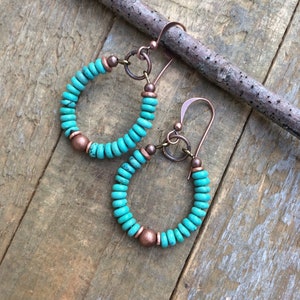 Turquoise Earrings, Genuine Turquoise Hoop Earrings, Copper Jewelry, Turquoise Earrings, Southwestern Jewelry