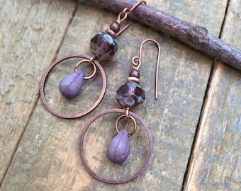 Purple Drop Earrings, Purple Glass Jewelry, Copper Dangle Earrings, Artsy Earrings, Copper Drop Earrings, Czech Glass Earrings