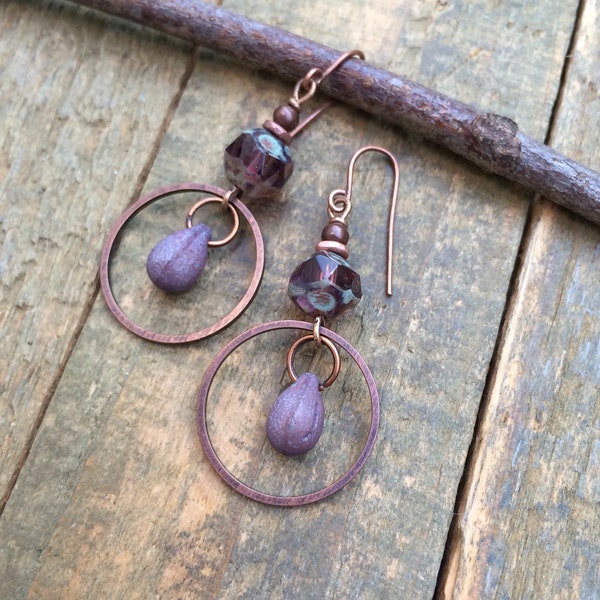 Purple Drop Earrings, Purple Glass Jewelry, Copper Dangle Earrings, Artsy Earrings, Copper Drop Earrings, Czech Glass Earrings