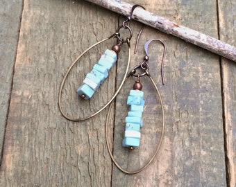 Turquoise Hoop Earrings, Genuine Nevada Dry Creek Turquoise Earrings, Copper Hoop Earrings, Copper Jewelry, Hammered Copper Earrings